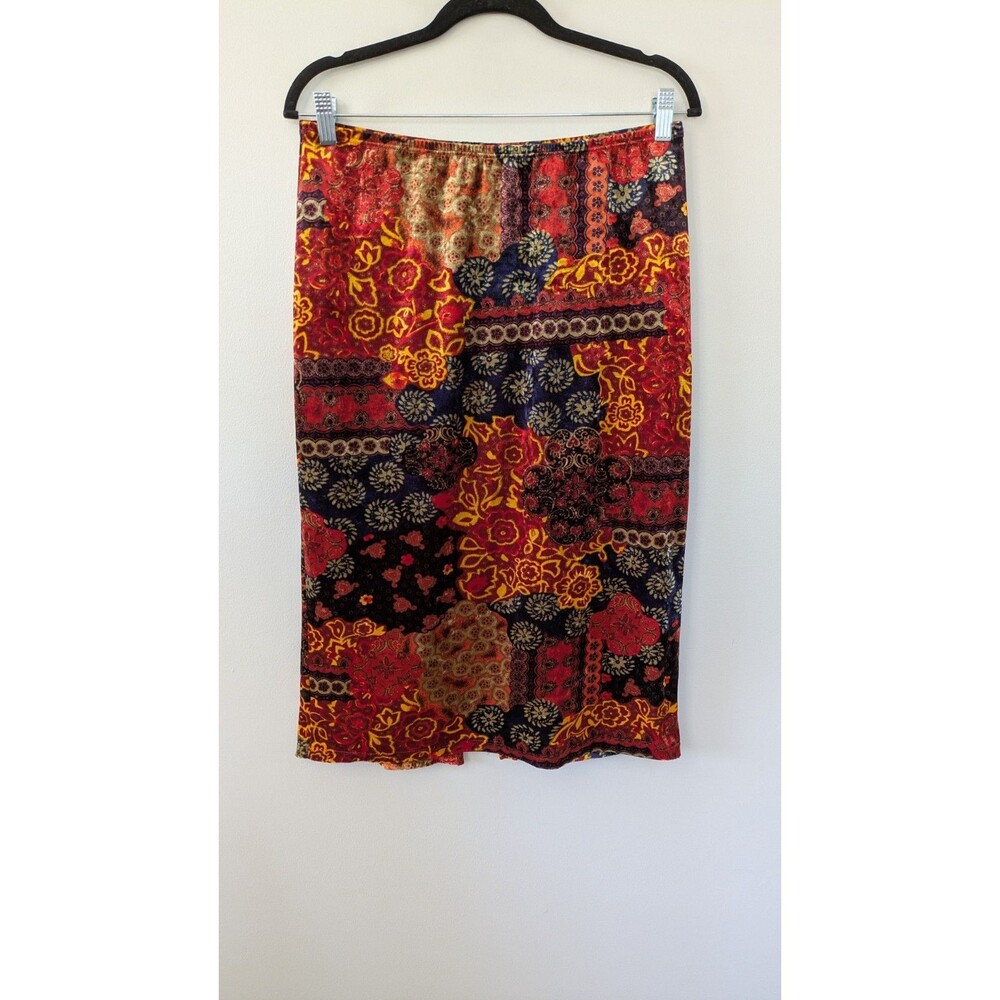 Vintage 90s Accomplice Velvet Velour Midi Skirt L Whimsigoth Patchwork Print